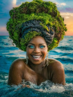 Joyful woman with moss hair, lively seafoam, waves, and dusk sky, earth day concept, AI generated