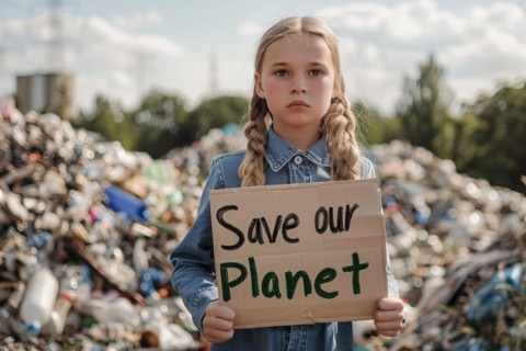 Activist with cardboard sign with text 'Save our planet' in front of blurry mountain of garbage. KI