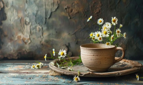 Chamomile tea in a rustic cup, closeup view AI generated