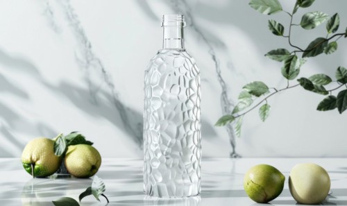 Crystal clear glass bottle mockup showcasing a premium quality mineral water sourced from natural