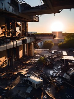 Neglected hospital section with collapsed roof elements, AI generated, hospital, damage, abandoned,