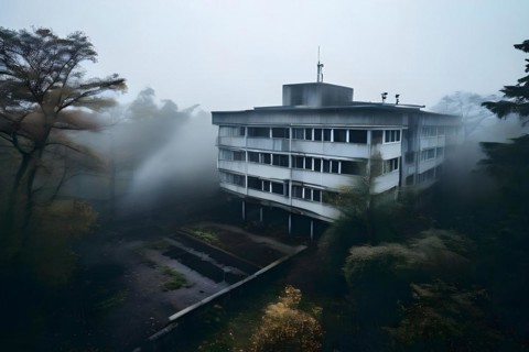 Neglected hospital section with collapsed roof elements, AI generated, hospital, damage, abandoned,