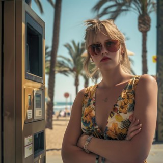 Angry young woman leaning against a vending machine with palm trees in the background on a hot