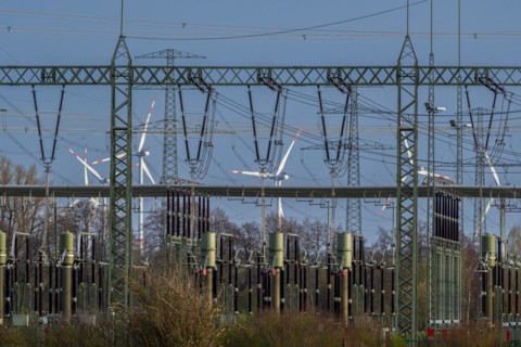 Stendal West substation with wind turbines in the background near Luederitz, Stendal,