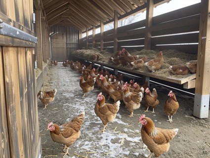 A view along the interior of a henhouse, lined with hens and wooden beams, AI generiert, AI