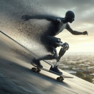 Athlete with bionic limb running with a dynamic shadow splash effect in an urban landscape, AI