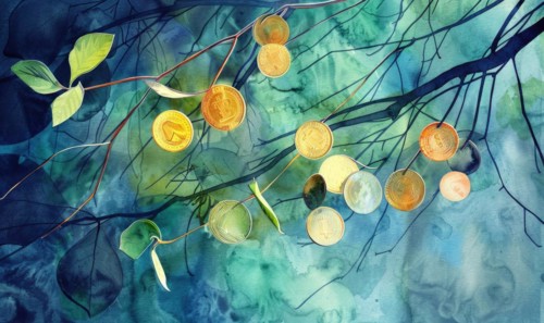 Vibrant watercolor painting of money coins hanging from branches of a tree sprout AI generated