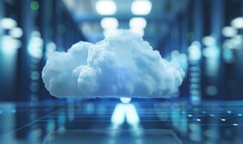 Cloud computing background with server racks and digital data streams AI generated