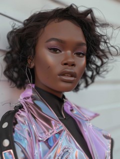 Portrait of a woman with curly hair and intense gaze, wearing a holographic jacket and black shirt,