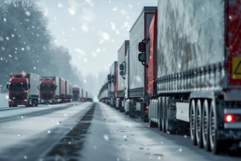 Traffic jam, congested motorway with many lorries and cars in winter, bad weather conditions, snow