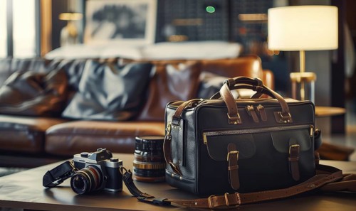 Leather bag on a table alongside photography equipment under a lamp AI generated