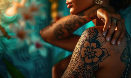 Close-up of a woman's shoulder adorned with a detailed and elegant floral tattoo AI generated