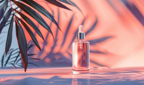 Frosted glass bottle mockup showcasing a luxurious hydrating facial serum with a sleek modern