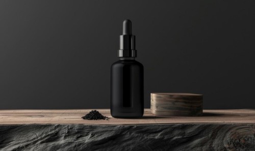 Matte black glass bottle mockup housing a premium quality beard oil enriched with natural oils and