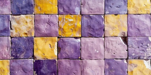 Wall with old square shaped purple and yellow stone cubes, AI generated