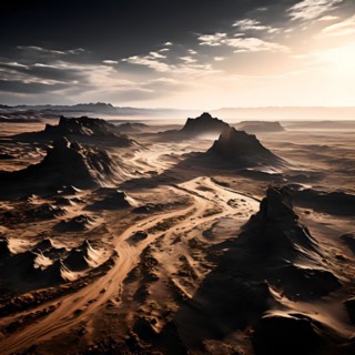 Patagonian desert landscape with powerful wind shaping landforms isolated rock formations, AI