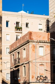 Street and old houses in Barcelonata, an old neighbourhood at the port of Barcelona, Spain, Europe