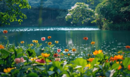 The lake surrounded by lush greenery and blooming flowers in the height of summer, summer nature