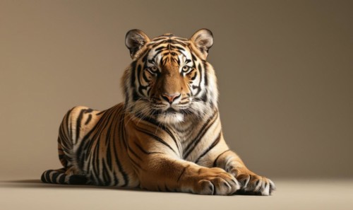 A Bengal tiger elegantly posing in front of a neutral backdrop AI generated