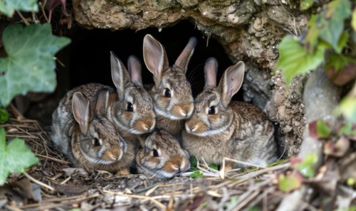 A bunny family nestled together in a cozy burrow AI generated