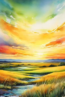 AI generated abstract painting of grasslands under a blazing sunset waves of greens