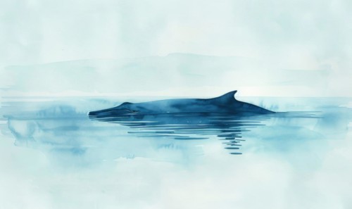 A serene watercolor painting featuring a solitary whale gracefully gliding through calm ocean