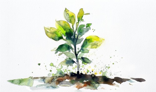 Tree sprout with coins growing from its buds, watercolor illustration on white background AI