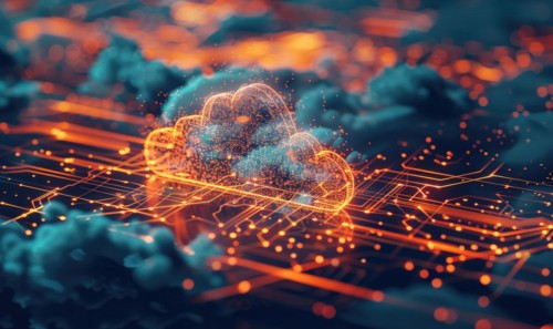 Cloud computing background with server racks and digital data streams AI generated