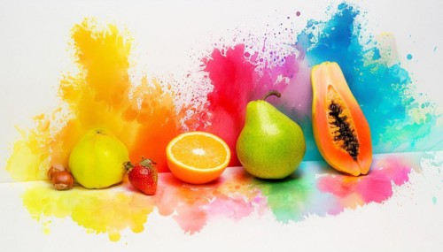 Variety of fruits on a watercolor paint background, artistic food presentation, horizontal, AI