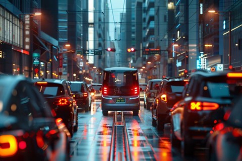 Tram among cars on a city street in the evening with glowing red tail lights, AI generated