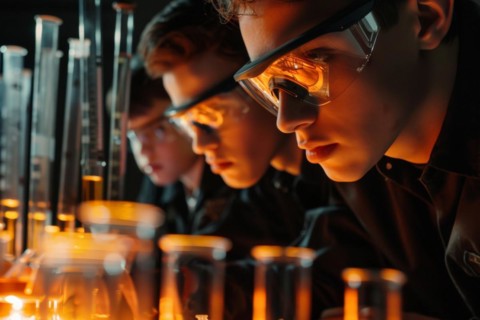 Pupils experimenting in a classroom with safety goggles, chemistry lessons, AI generated, AI