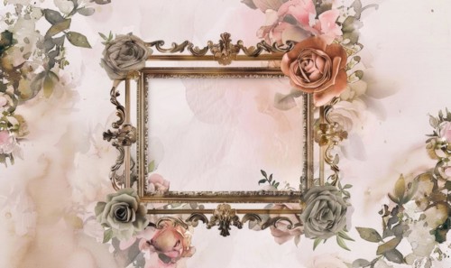 A gold frame with pink flowers on the wall. Abstract background with frame and space for text AI