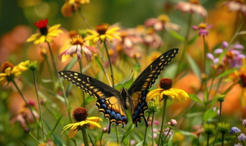Butterfly amidst wildflowers, closeup view, selective focus, spring nature AI generated