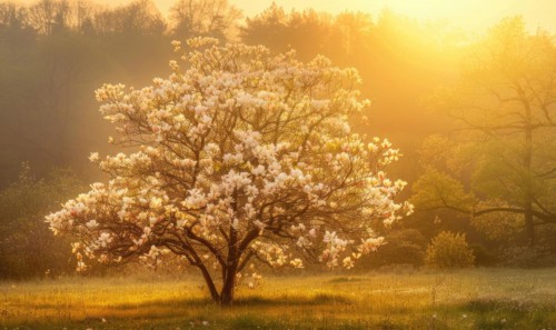Magnolia tree in full bloom under the golden light of sunrise AI generated