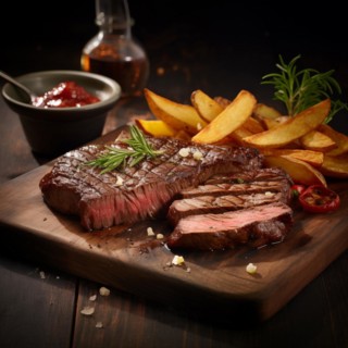 A succulent grilled steak, perfectly cooked and sliced, is presented with roasted potatoes, fresh