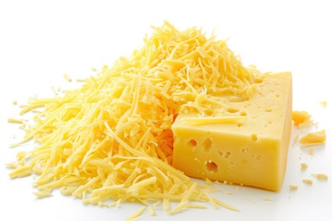 Freshly Grated Yellow Cheese and Block on White Background, AI generated