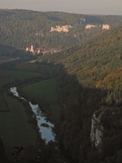 View along the Danube to the Benedictine Archabbey Beuron, district of Sigmaringen,