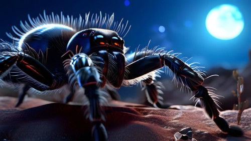 Tarantula hair textured in moonlight glow prowling through chihuahuan desert, AI generated