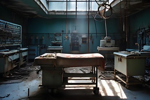 Deserted operating theater rusting surgical tools scattered on a surgical table, AI generated,