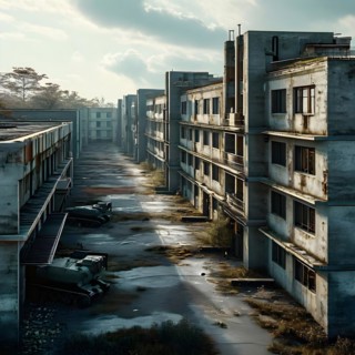 Deserted military base featuring empty barracks and abandoned tanks in silent, AI generated