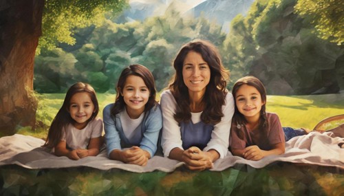 A mother and her children lying on a picnic blanket, with a serene treeline in the background, AI