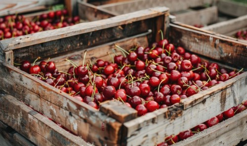 A vintage wooden crate filled to the brim with freshly harvested ripe cherries AI generated