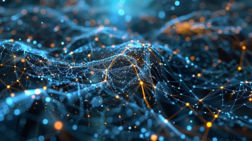 A detailed 3D rendered digital network with glowing blue lines and particles, conveying a sense of