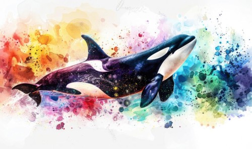 A watercolor depiction of an orca whale breaching the surface against a backdrop of vibrant ocean