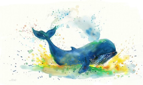 A watercolor illustration of a playful whale spraying water from its blowhole AI generated