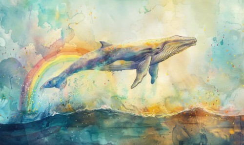 A watercolor artwork portraying a surreal scene of a whale leaping over a rainbow in a dreamlike