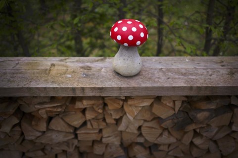 Fly agaric on a pile of wood, garden decoration, decoration, Stuttgart, Baden-Wuerttemberg,