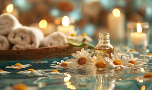 Chamomile essential oil in a dropper bottle, closeup view, skin care cosmetic background AI