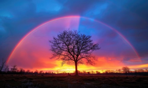 Colorful rainbow after spring rain, rainbow on dark cloudy sky AI generated