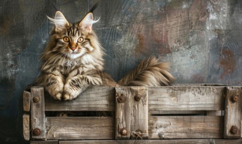 Maine Coon cat sitting proudly atop a rustic wooden crate AI generated